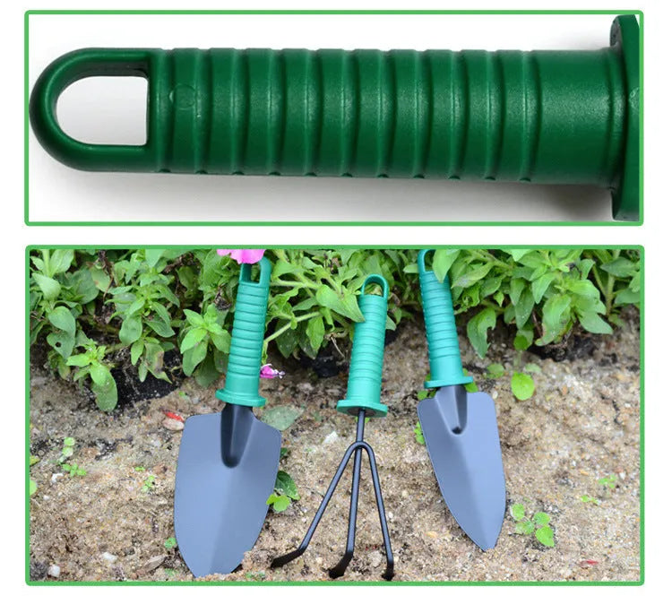 Stainless steel soil loosening shovel planting tool set in gardening green, available as 5-piece or 10-piece set