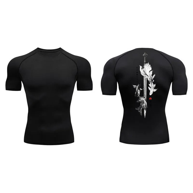 Men's short sleeve compression shirt with sword print design in chemical fibre blend fabric