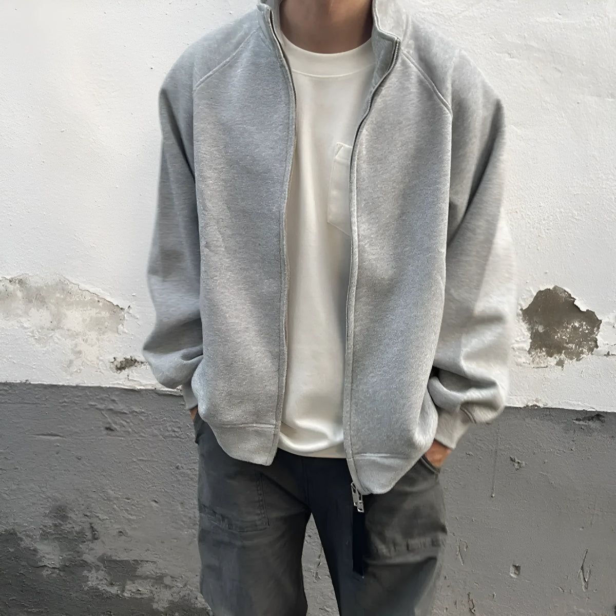 Men's stand collar zip sweatshirt jacket in gray or black, loose thin polyester cardigan with side seam pockets