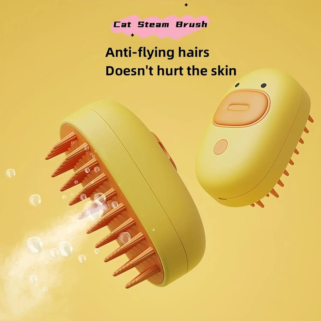 White rechargeable steam brush for cats and dogs with silicone grooming teeth and water tank