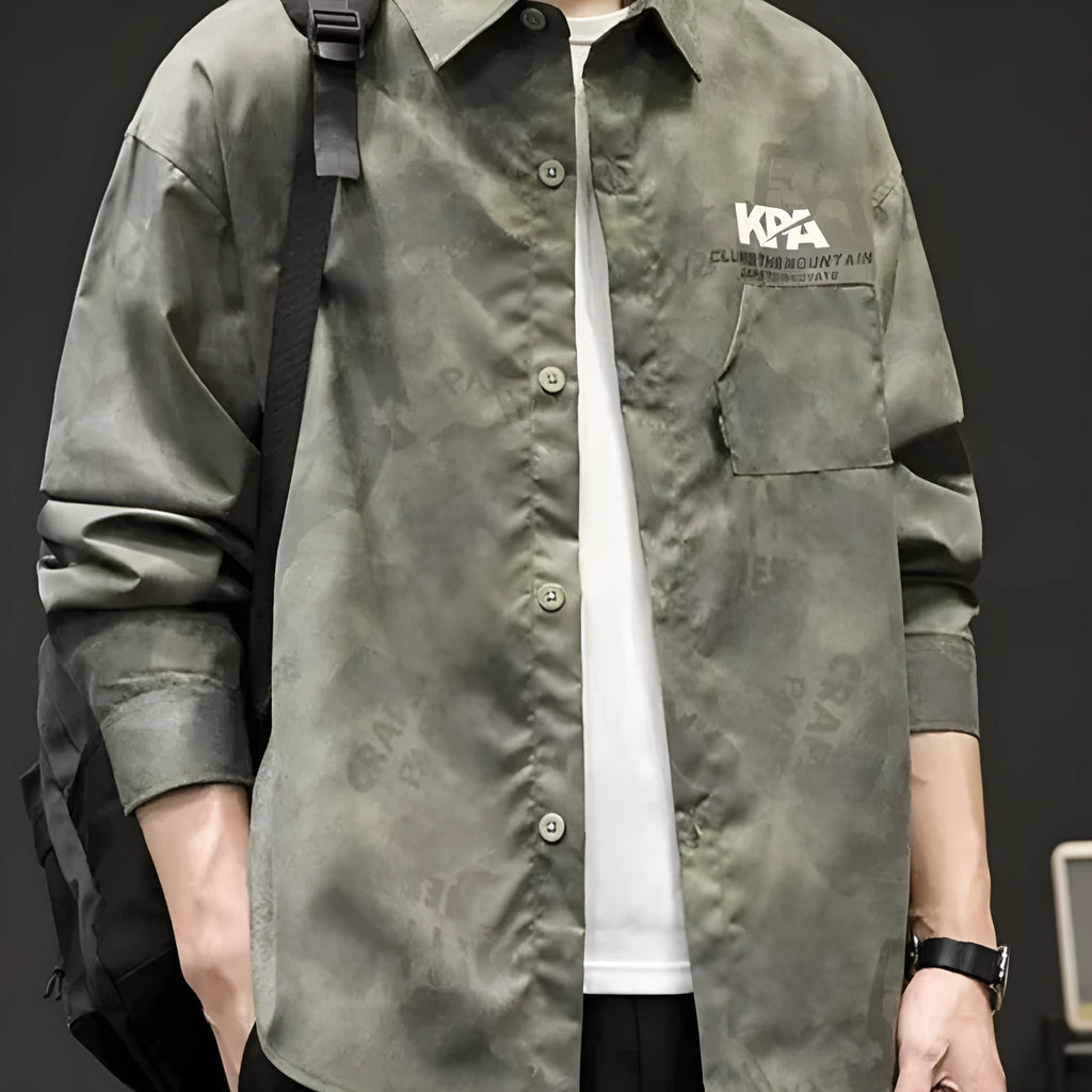 Men's retro camouflage linen shirt long sleeve casual Japanese style