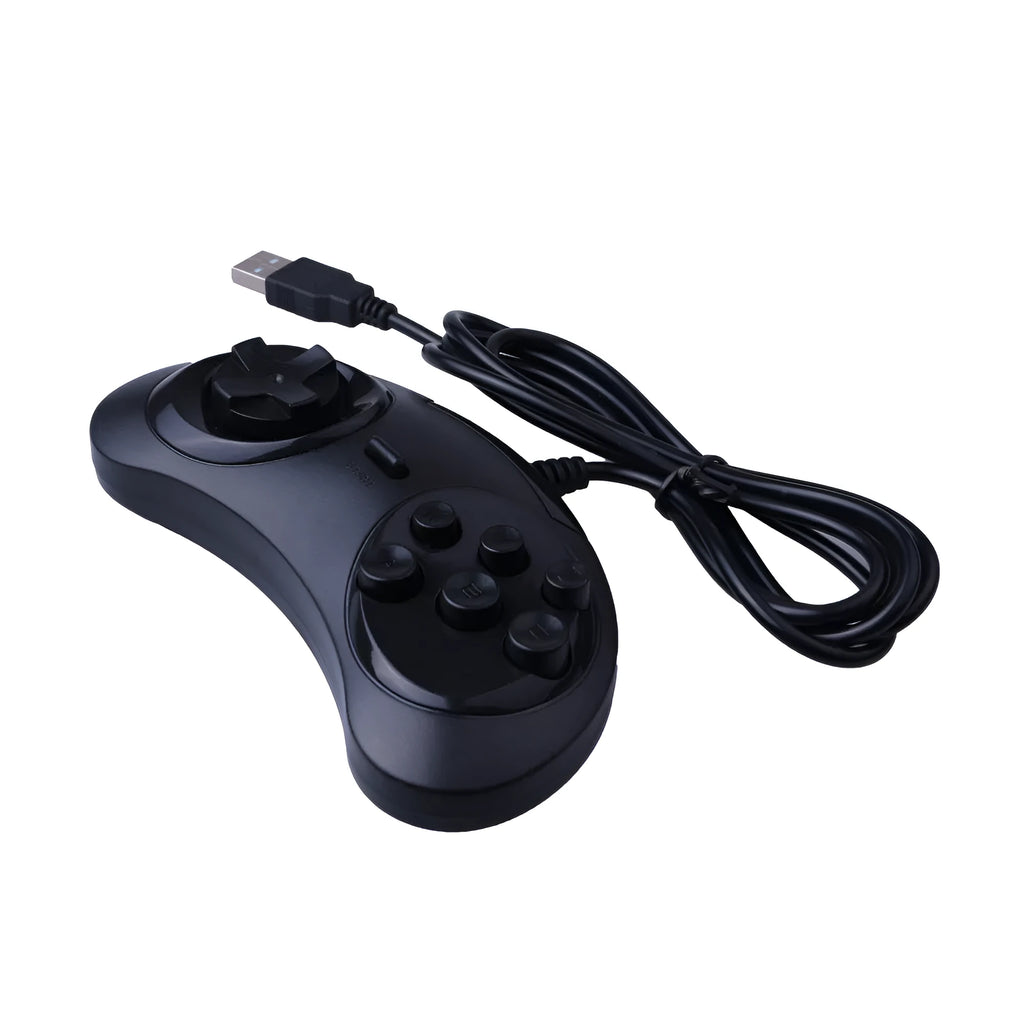Black Sega USB PC game controller with 1.8m cable on a desk.