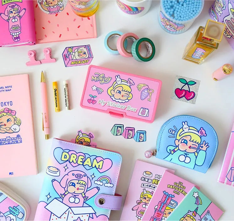 Pack of 16 cute cartoon girl and heart PVC stickers in a square storage box for DIY decoration.