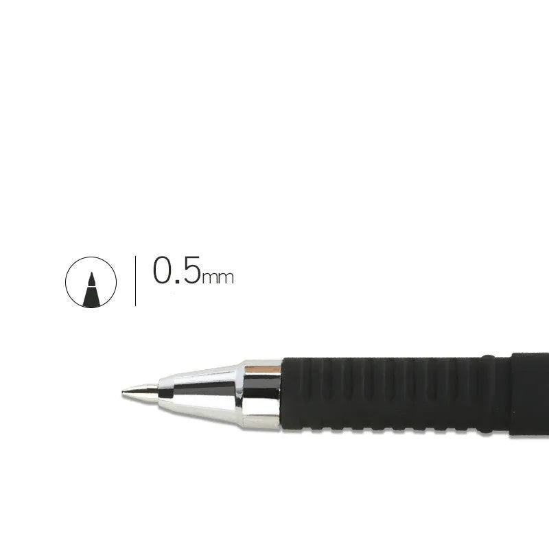 Set of eight black gel pens with anti-fatigue grips, showing bullet and needle tip options.