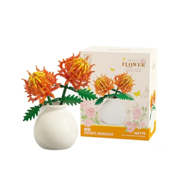 Building block flower vase ornament set with small diamond plastic particles in colour box package