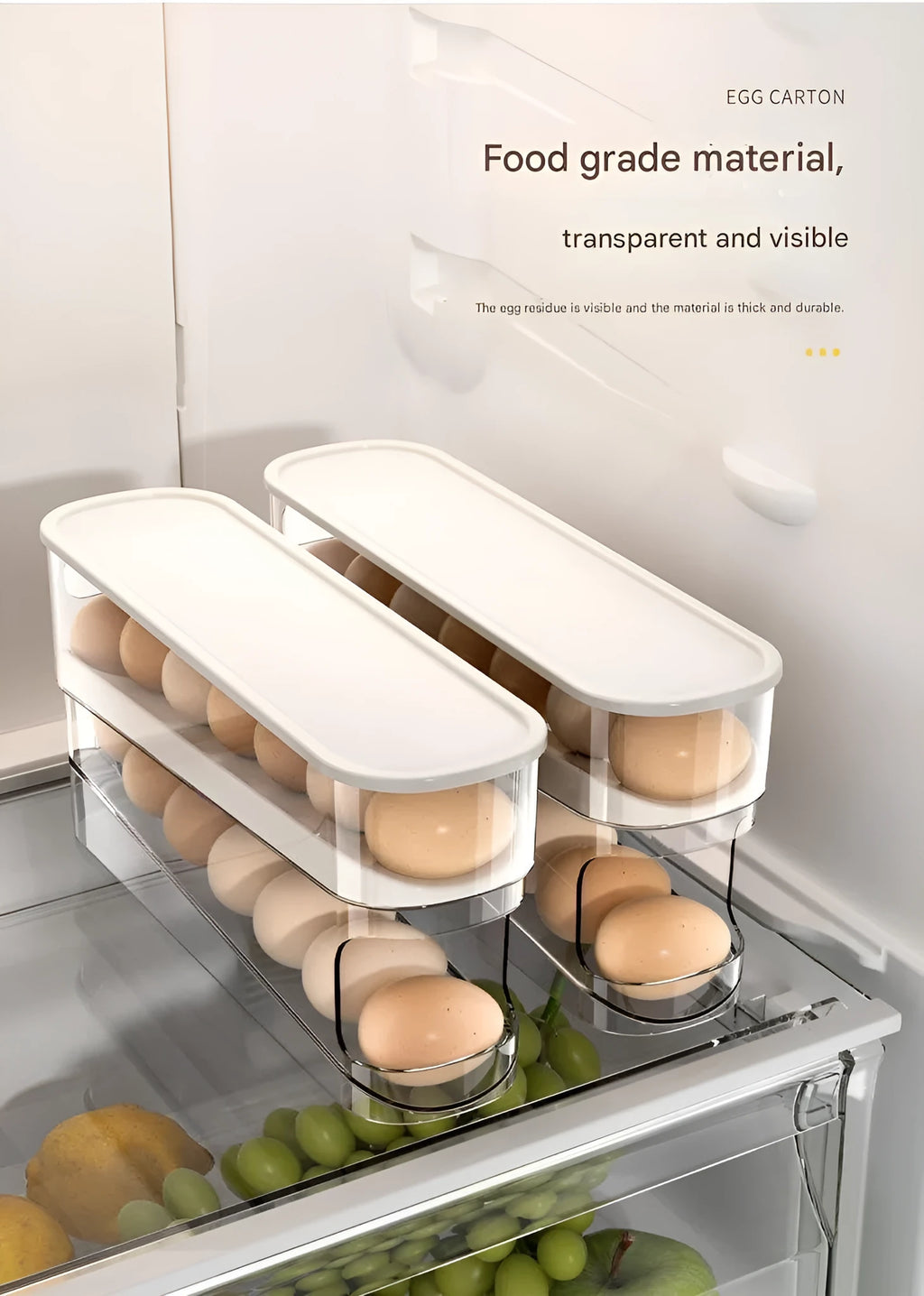 Clear plastic slide-out egg tray dispenser holding 12 eggs on refrigerator side door shelf