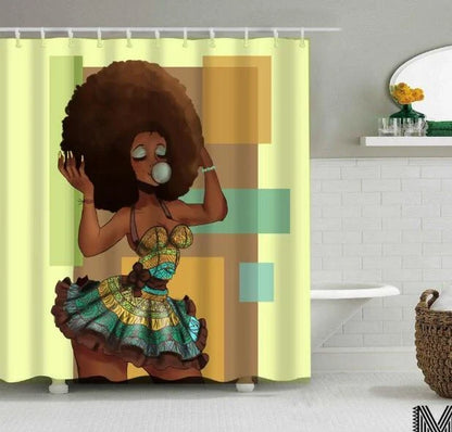 Vibrant Afro-urban printed shower curtain with modern building and African girl design