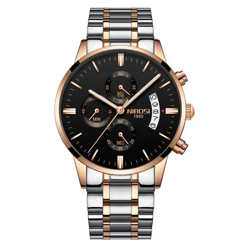Men's gold chronograph sport watch with full steel strap and luminous dial
