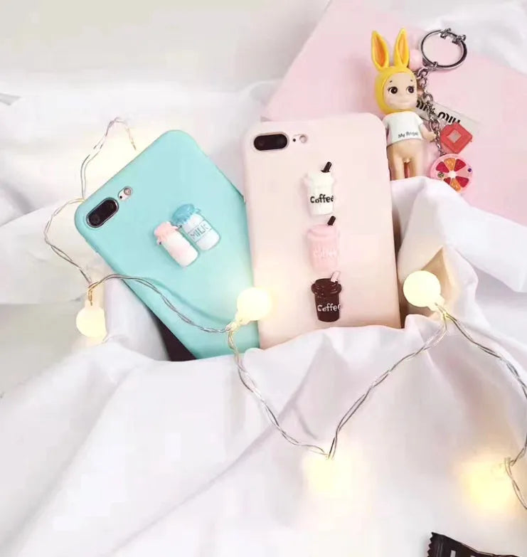 Frosted mobile phone case with 3D baby bottle and coffee cup design in turquoise