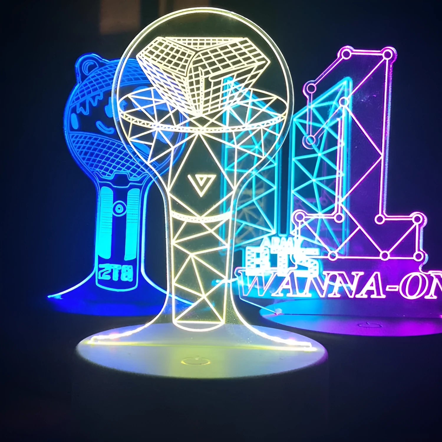 Clear acrylic stand with LED base displaying BTS Light 101 Tower Gem light stick replica