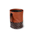 Black retractable leather car trash can with handle shown in folded and expanded states