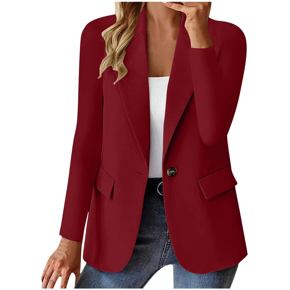 Women's long sleeve solid colour cardigan suit jacket with pocket, slim fit, shown in multiple colours