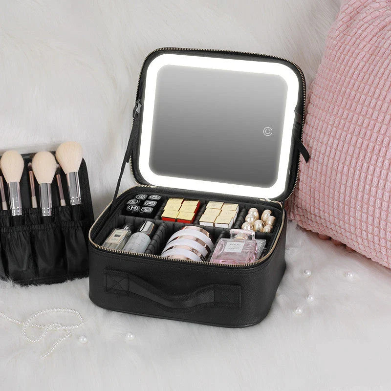 Luxury lighted vanity case with large storage compartment, adjustable professional lighting, and high-definition mirror for flawless on-the-go makeup application