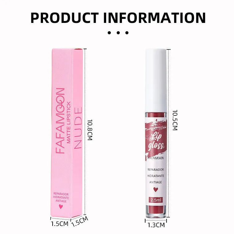 Matte velvet lip gloss tube in 2.5ml with long-lasting non-fading waterproof formula, available in 12 colours