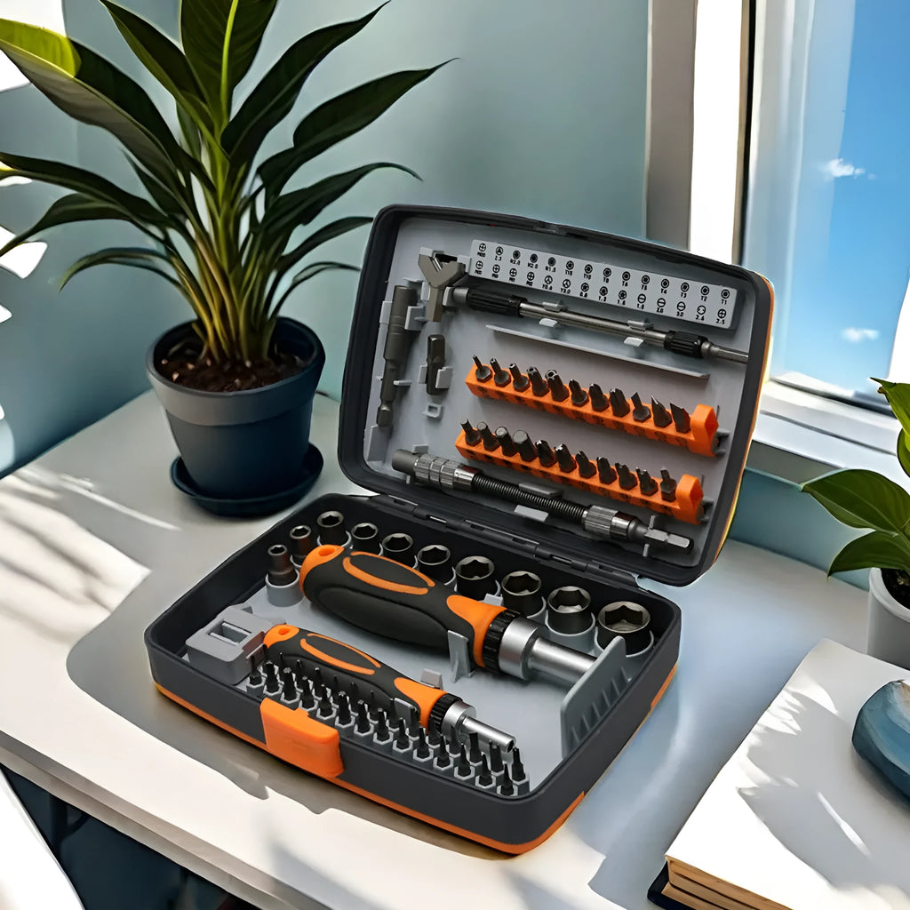 68-in-1 ratchet screwdriver set with chromium-vanadium steel blades and phosphated finish