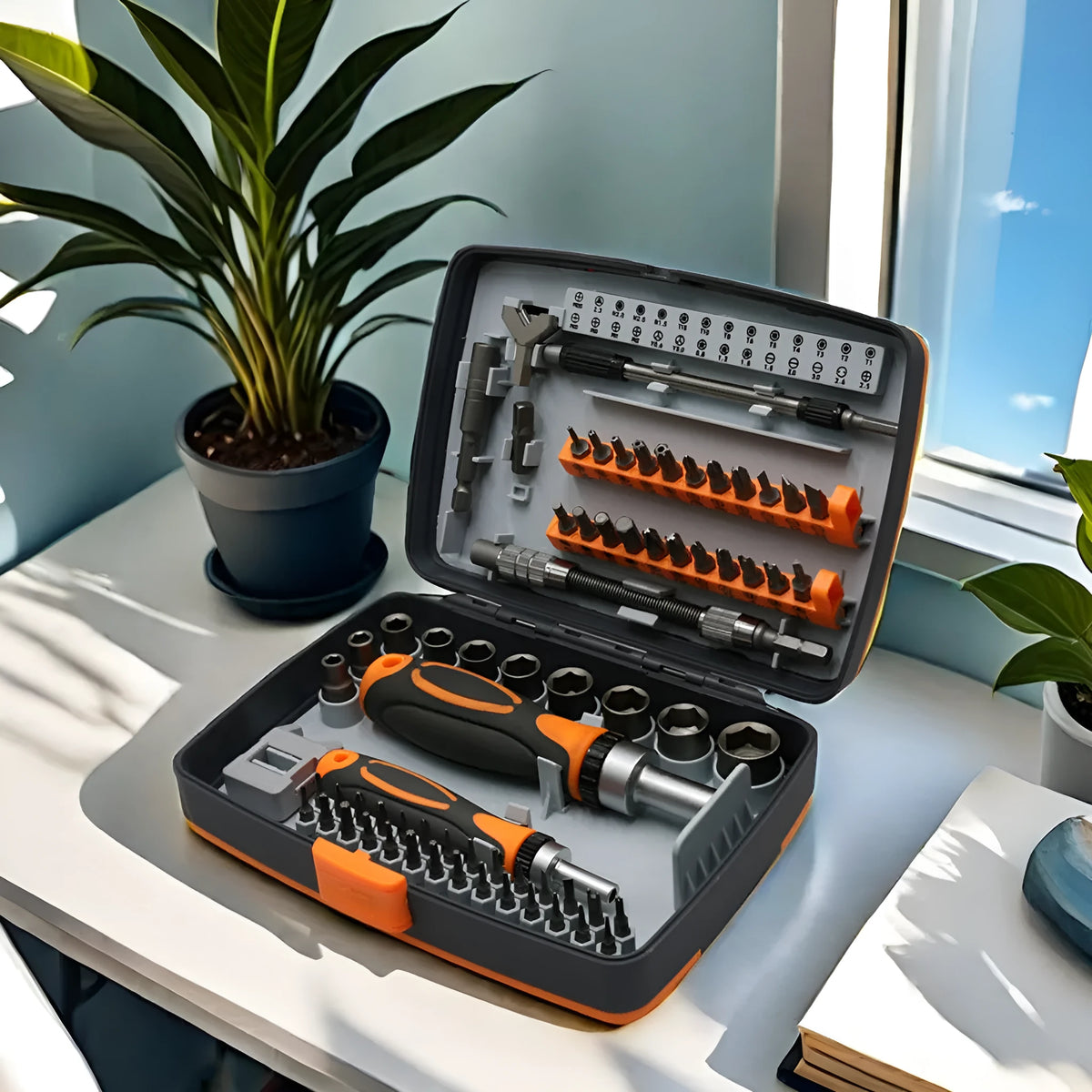 68-in-1 ratchet screwdriver set with chromium-vanadium steel blades and phosphated finish