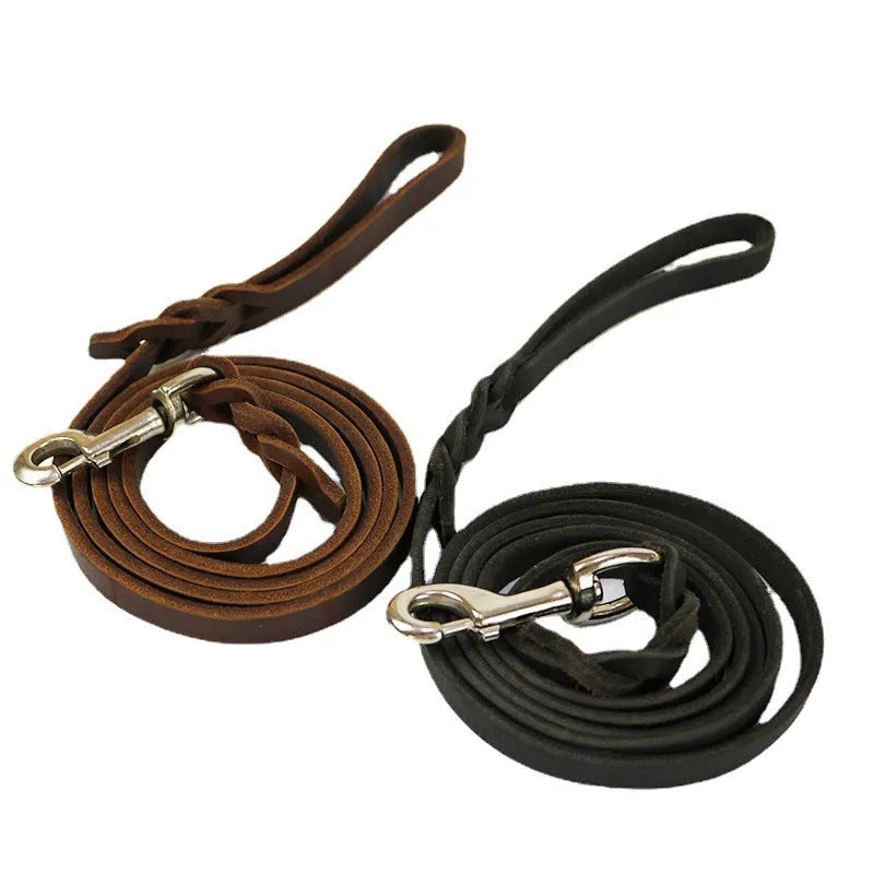 Thickened light brown cowhide leather dog leash with hand strap, shown at full length.