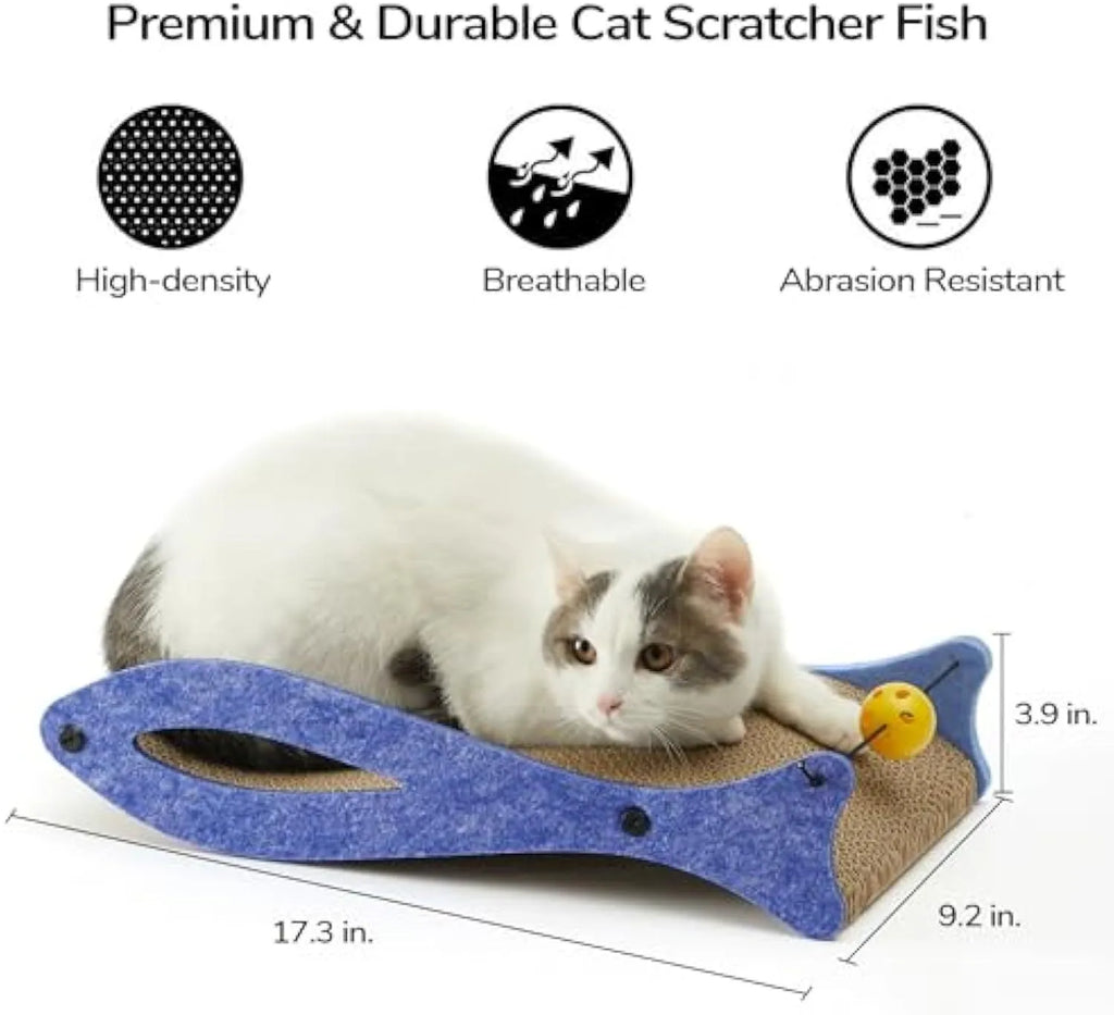 Blue fish-shaped cardboard cat scratcher pad with a red bell toy attached