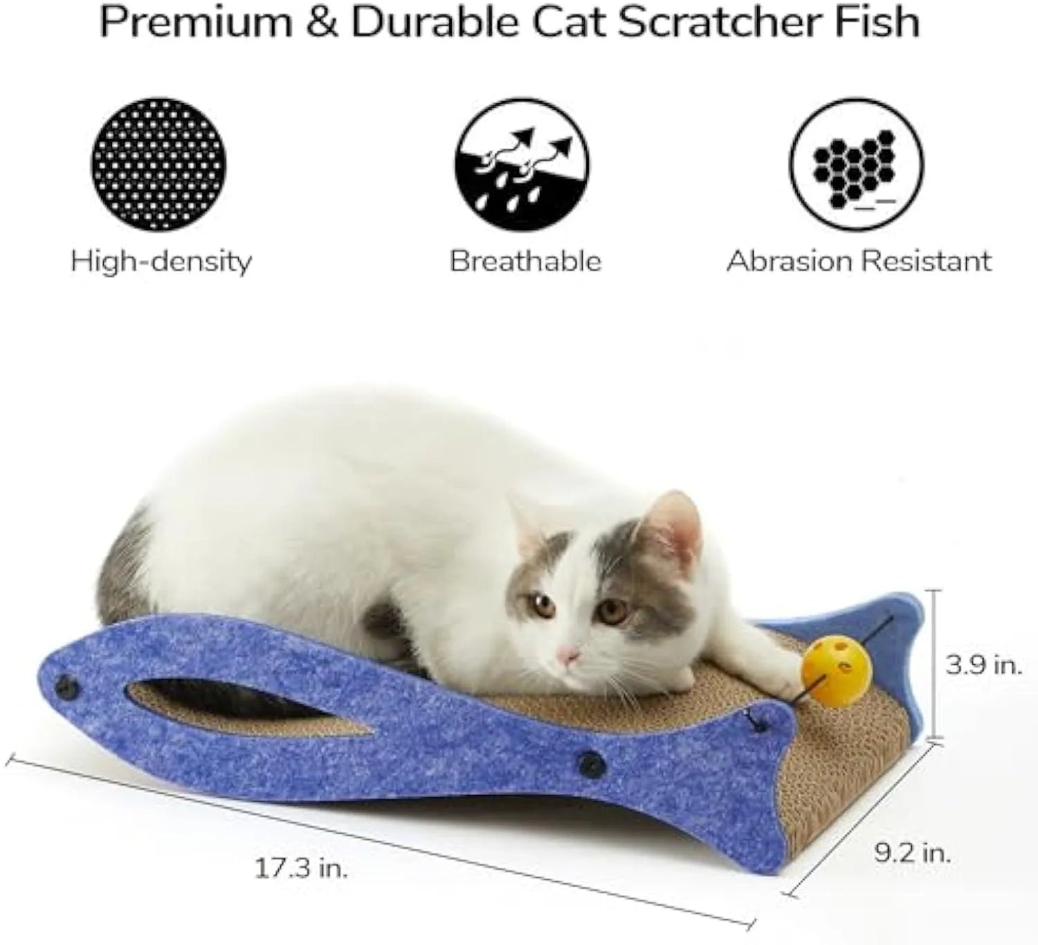 Blue fish-shaped cardboard cat scratcher pad with a red bell toy attached