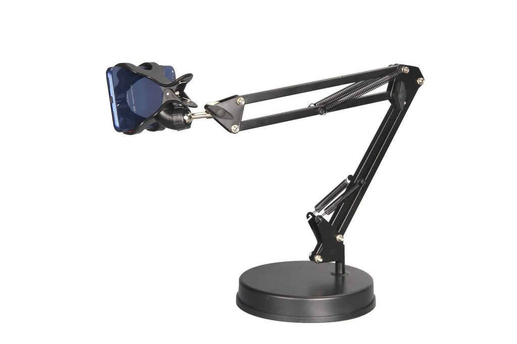 Black universal phone stand with long metal arm and heavy round base holding a mobile phone
