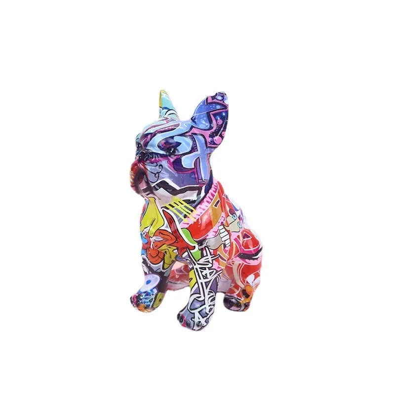 Graffiti colour finish French Bulldog resin statue on a table, modern simple style.