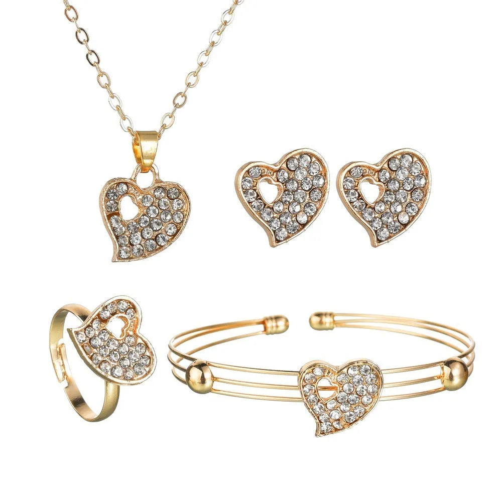 Women's gold electroplated alloy jewellery set with earrings, necklace and bracelet featuring Love, Water Drop and Bell patterns
