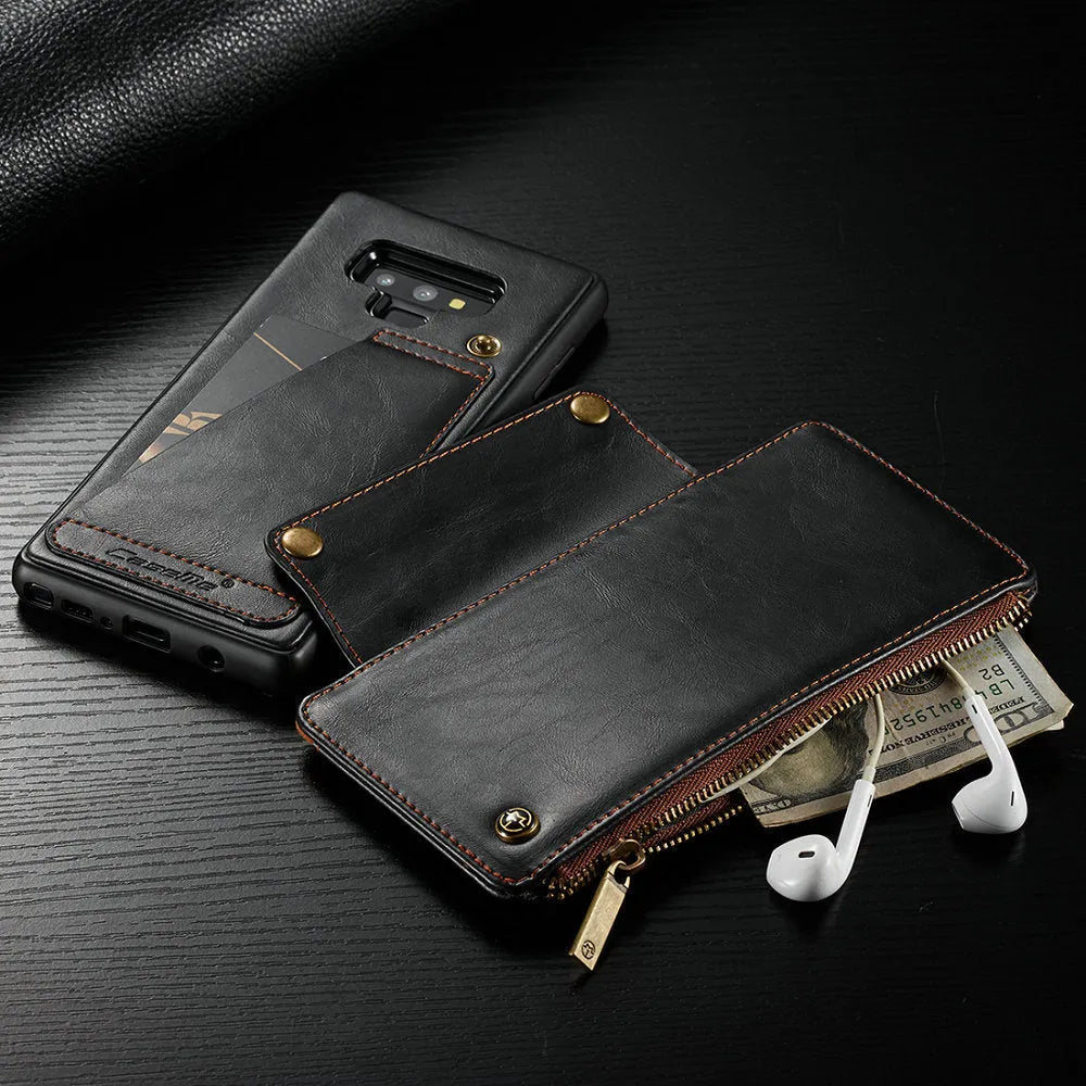 Black PU leather flip phone case for Samsung Galaxy Note9, shown open and closed.