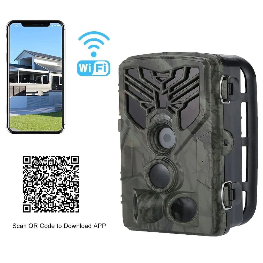 Wifi830 trail camera with camouflage finish, showing lens, IR LEDs, and mounting strap.
