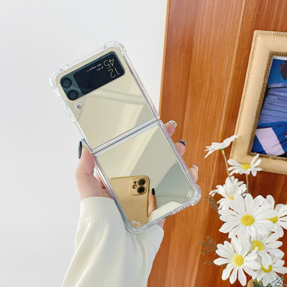Soft acrylic mirror folding phone case for Samsung Z Flip3 Z Flip4 Z Flip5 in silver, gold, or rose gold
