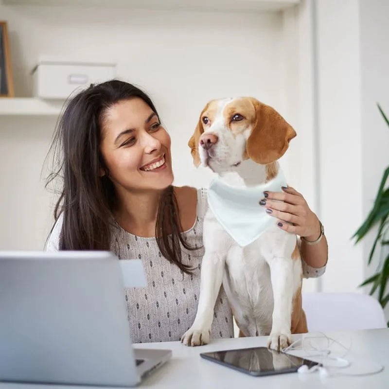 Blank white polyester dog bandana scarf laid flat, showing its triangular shape.