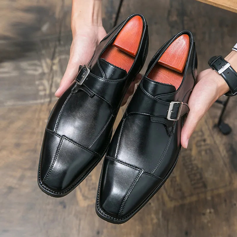 Men's brown blue retro buckle casual leather shoes with tall crown height on a plain background.