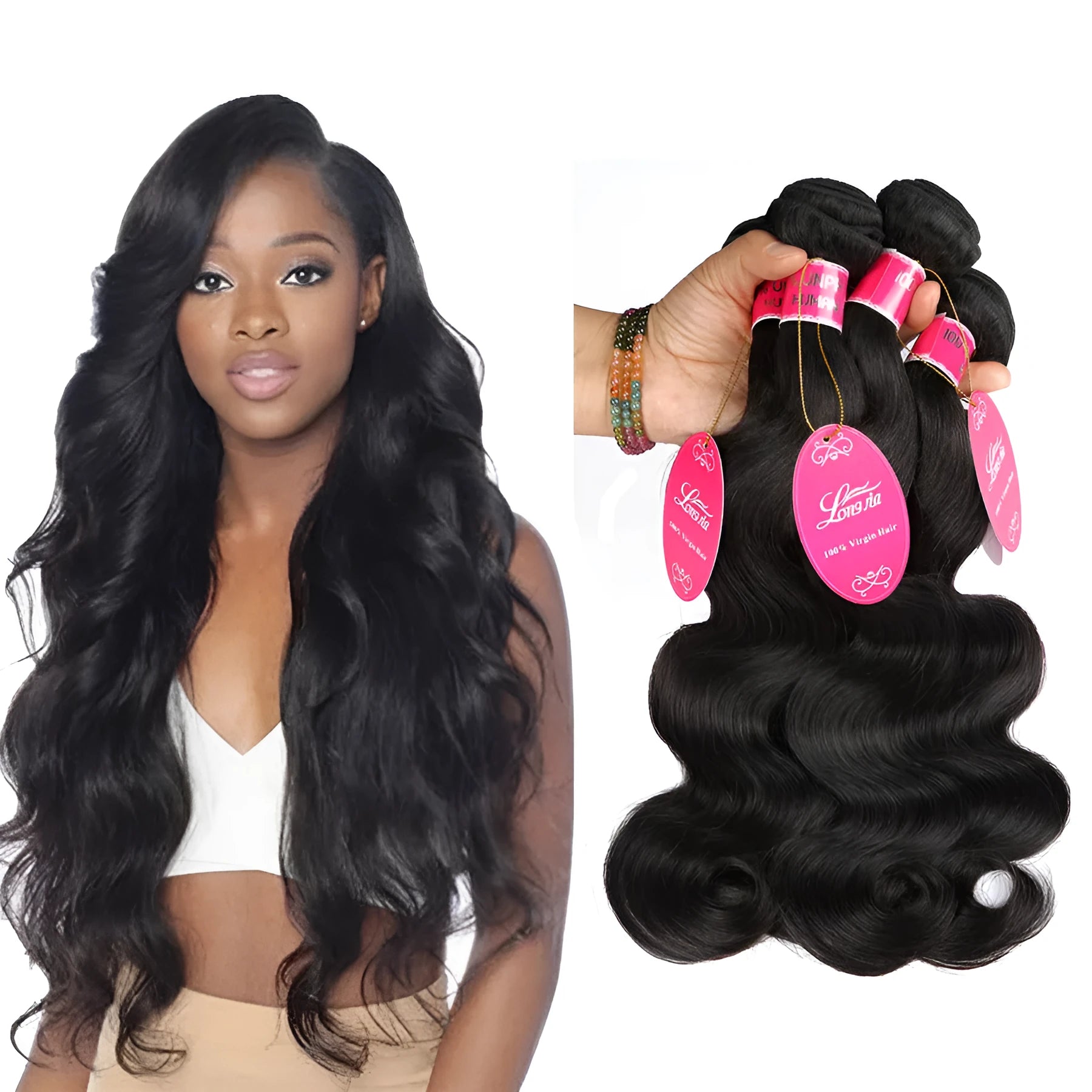 Real human hair wig weave in black with long bangs, 8 to 26 inch lengths, for women