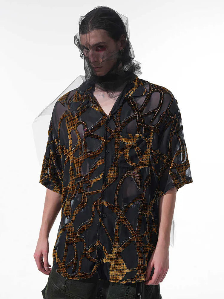 Men's black and grey snake pattern translucent short-sleeved shirt with lapel collar