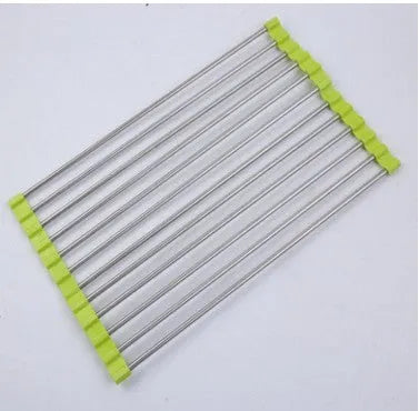 Folding stainless steel and PP kitchen sink drying rack shown in red, collapsed and open.