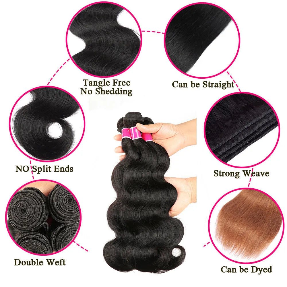 Real human hair wig weave in black with long bangs, 8 to 26 inch lengths, for women