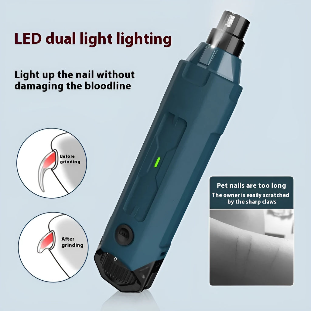 Dark blue pet nail grinder with rotary speed control and LED light