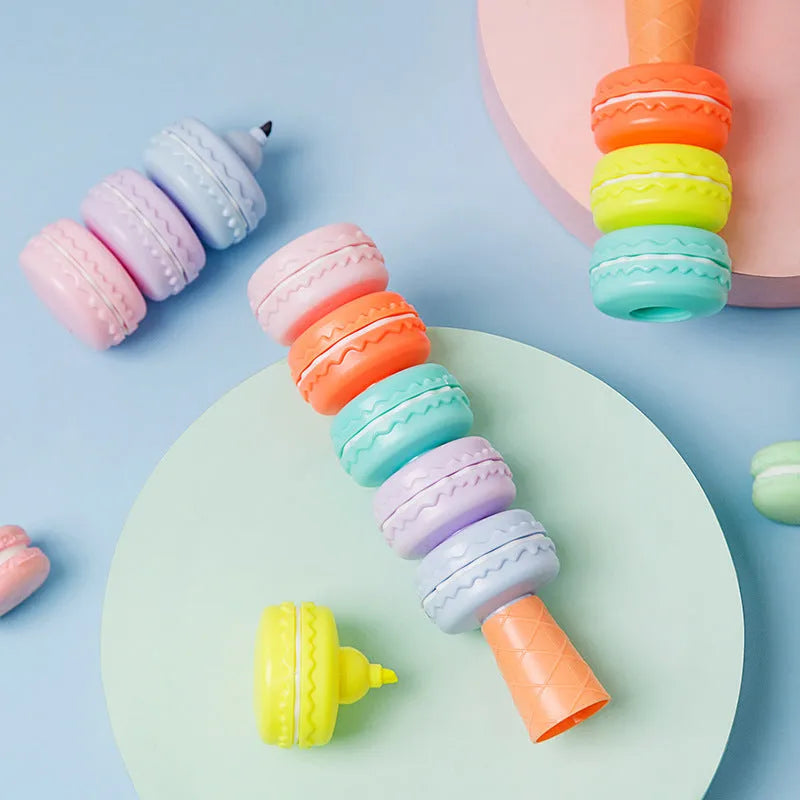 Set of six detachable fluorescent highlighter pens in pastel macaron colours, showing adjustable tip.