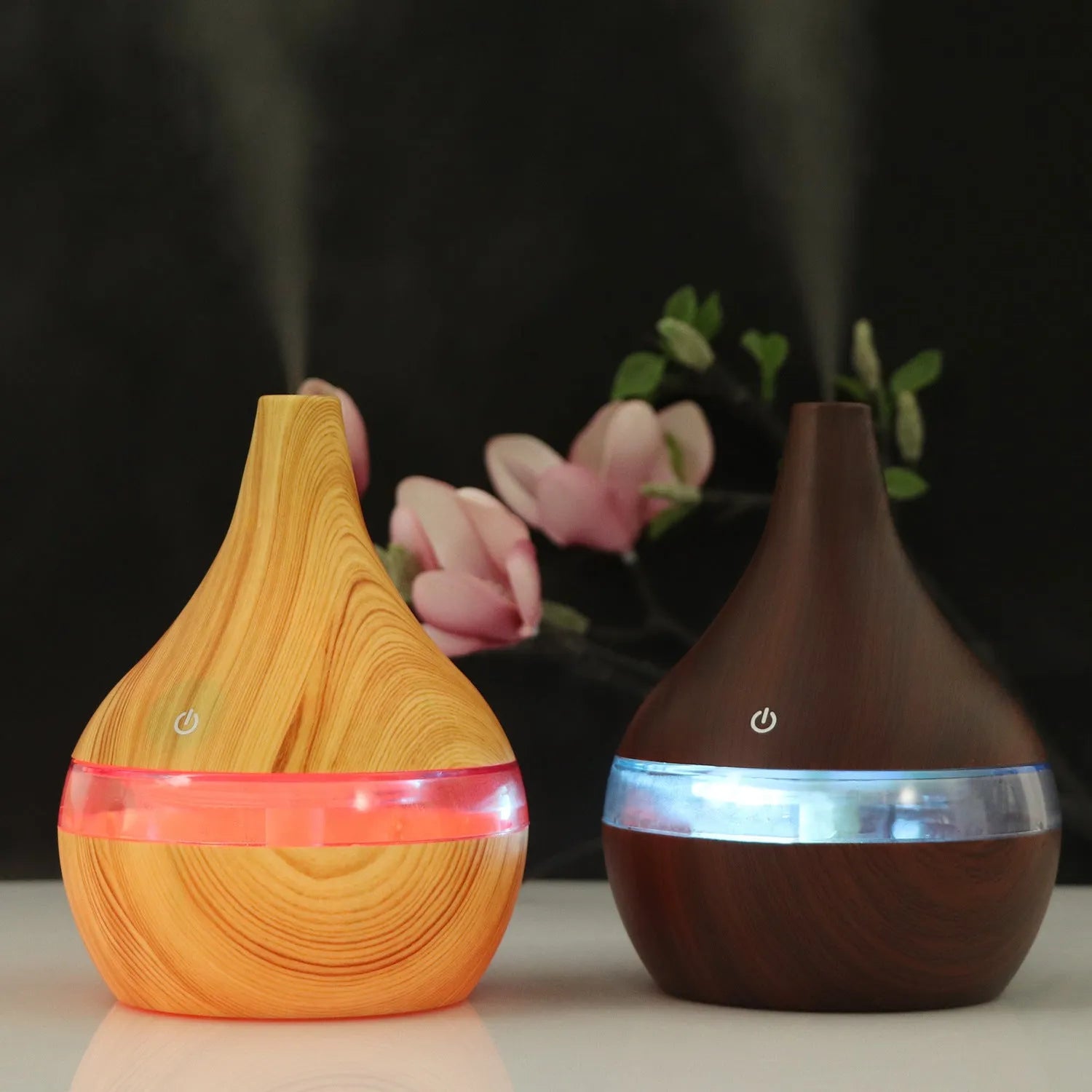 USB-powered mini humidifier in columnar design with wood grain finish and remote control