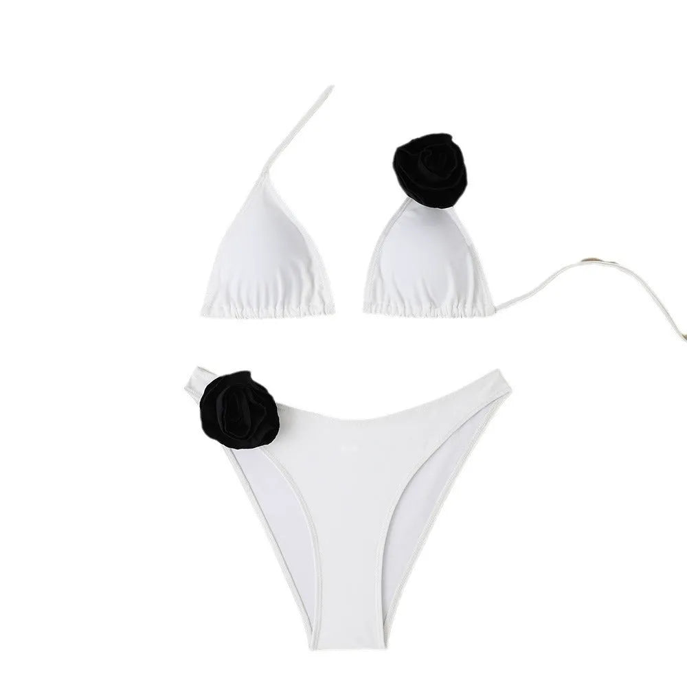 Women's adjustable bikini with three-dimensional flowers and lace-up sides