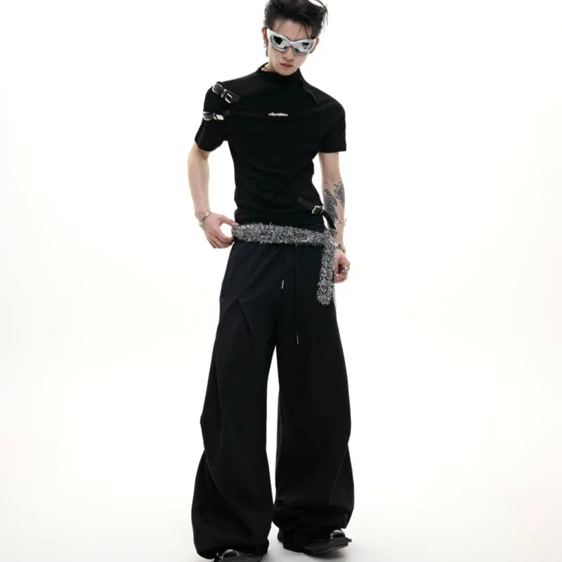 Men's black slim-fit cotton T-shirt with metal stand-up belt collar and short sleeves