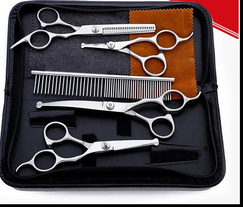 Pet scissors set with four stainless steel scissors, round head design, silver white, in storage bag