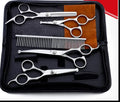 Pet scissors set with four stainless steel scissors, round head design, silver white, in storage bag