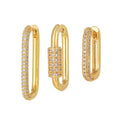 Set of three geometric square clip-on earrings with inlaid zircon detail in gold and white gold tones.