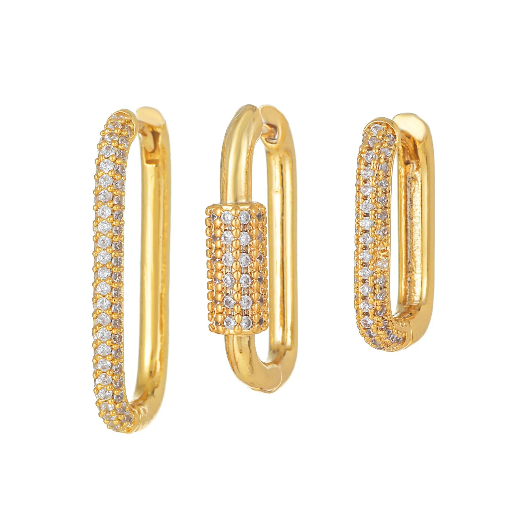 Set of three geometric square clip-on earrings with inlaid zircon detail in gold and white gold tones.
