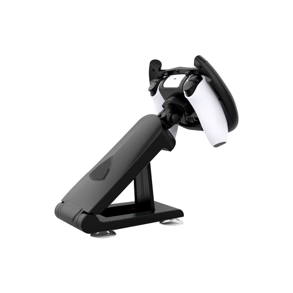 Black ABS plastic gamepad steering wheel bracket with suction cup, holding a mobile phone for gaming.