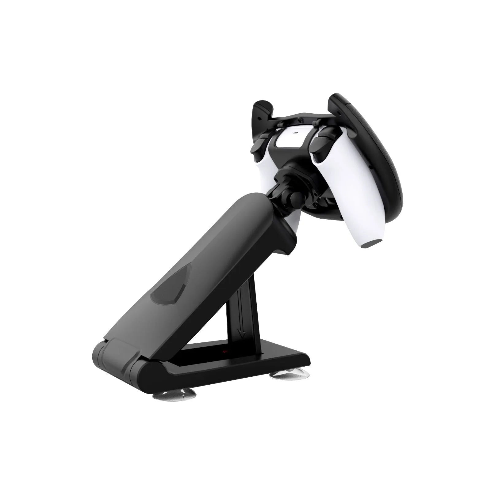 Black ABS plastic gamepad steering wheel bracket with suction cup, holding a mobile phone for gaming.