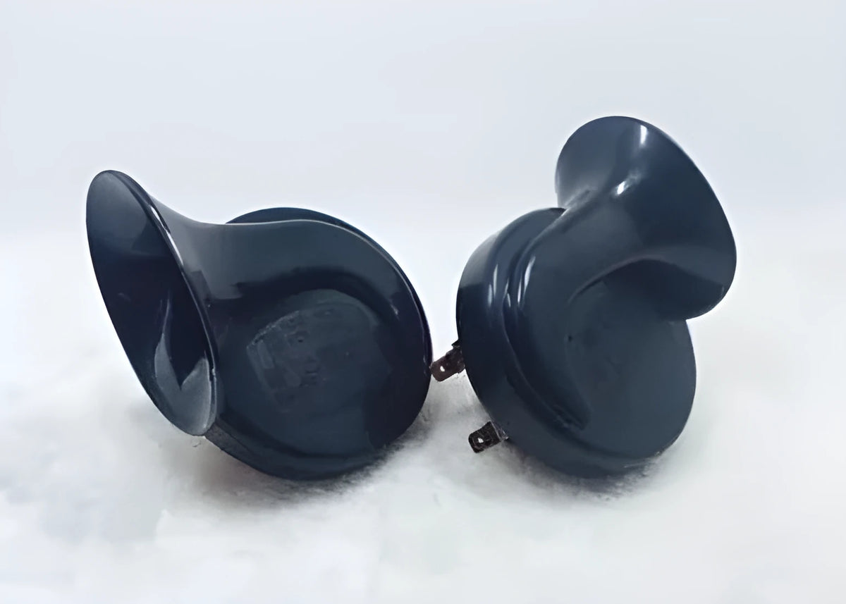 12V car snail horn in red and black with dual-tone high and low frequencies for vehicle