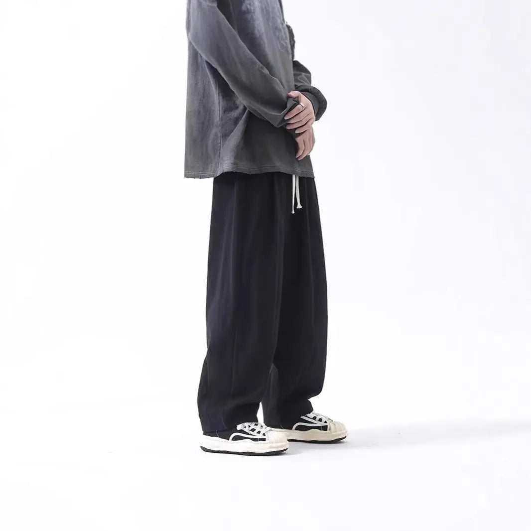 Cotton men's loose wide leg pants in black, straight leg cut with drawstring waist, mid-rise, size M to 8XL