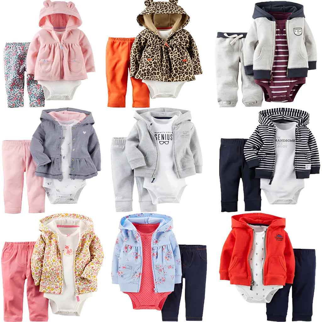 Three-piece children's clothing set with hooded long-sleeve top and trousers for infants and young children aged 1-3 years