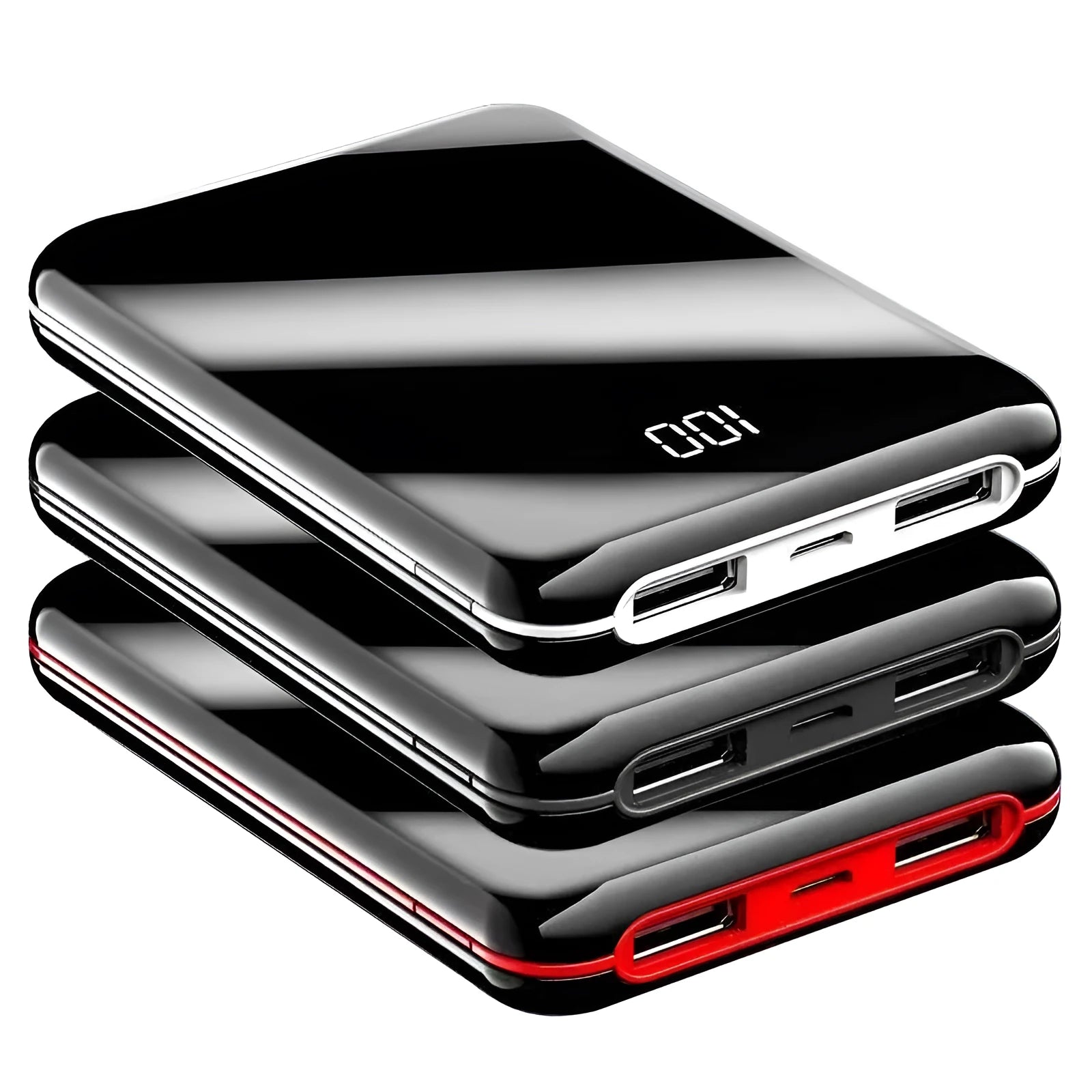 Black mini power bank with digital LCD screen showing battery percentage, next to a smartphone.